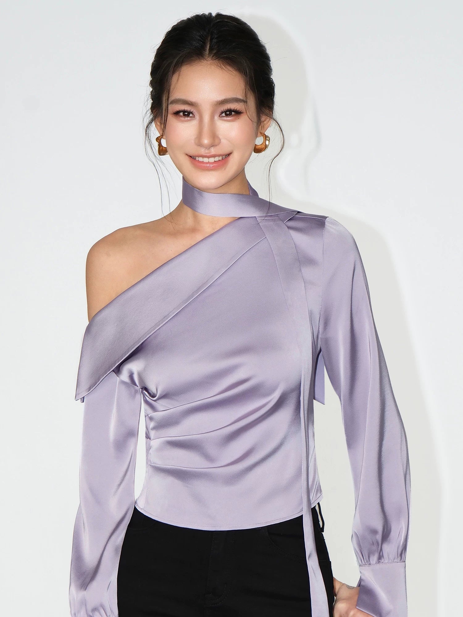 Asymmetric Choker Satin Ruched Blouse