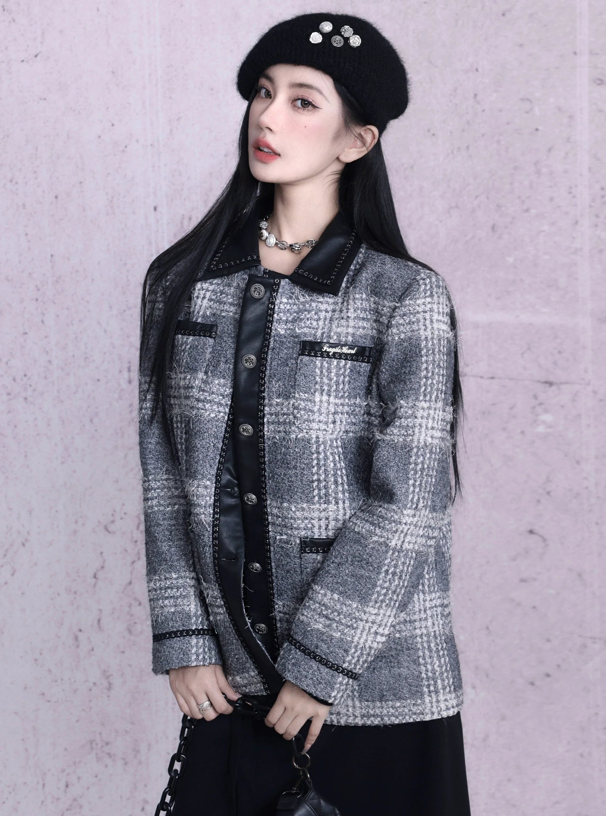 Monochrome Plaid Wool-Blend Jacket: Contrast Collar Button-Front Coat with Multiple Pockets