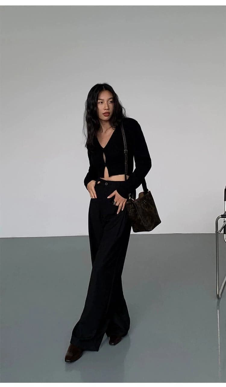 Black High-Waist Straight-Leg Suit Trousers - chiclara