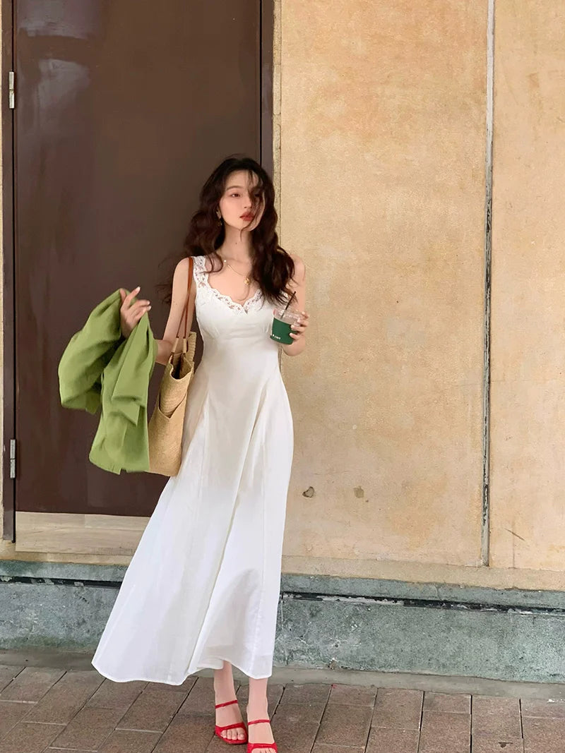 Hollow Lace Trim White Maxi Dress