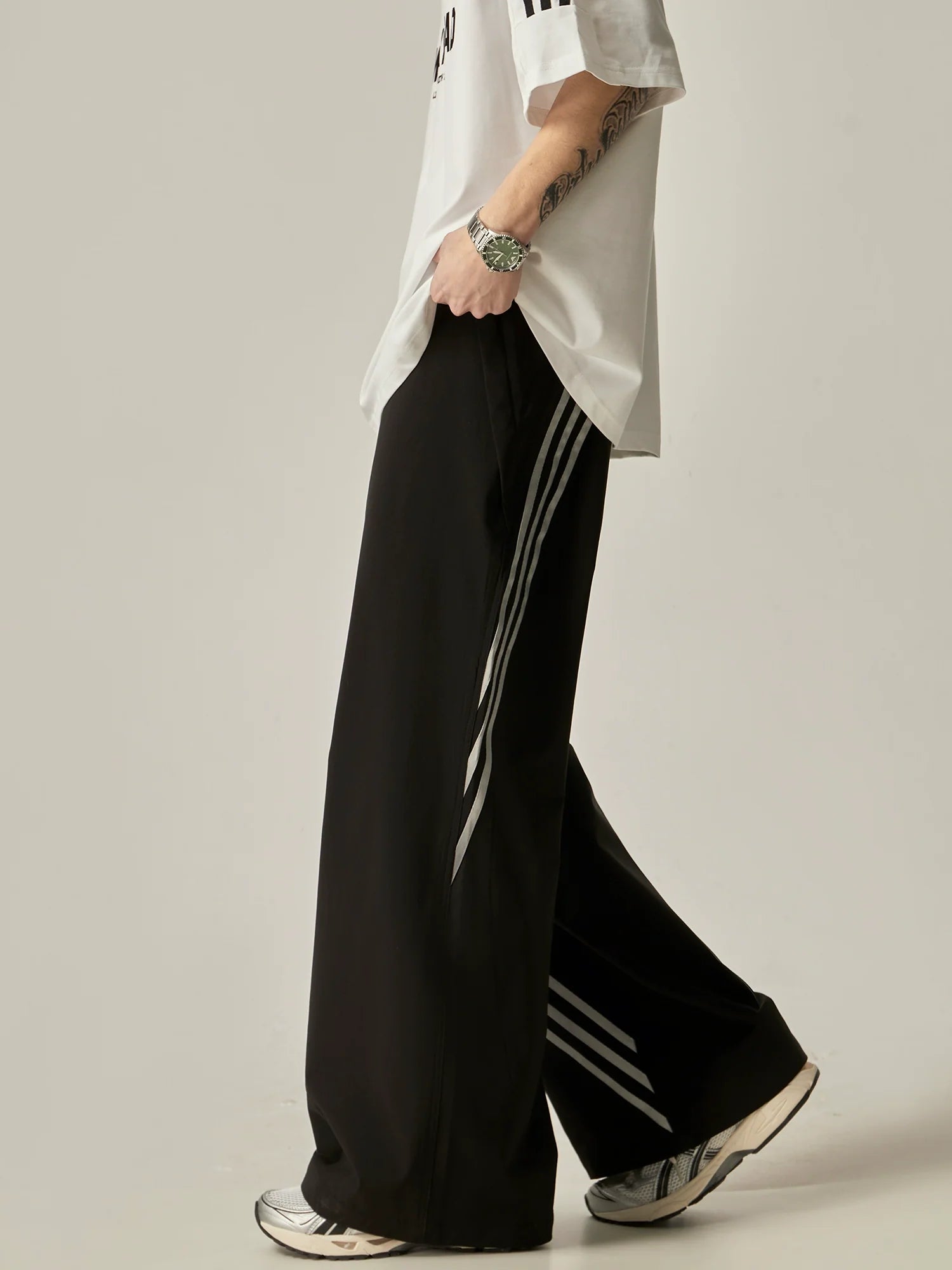 Wide-Leg Drawstring Track Pants with Contrast Stripes