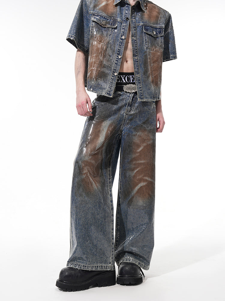 Hot Stamping Metallic Denim Jacket and Jeans Setup