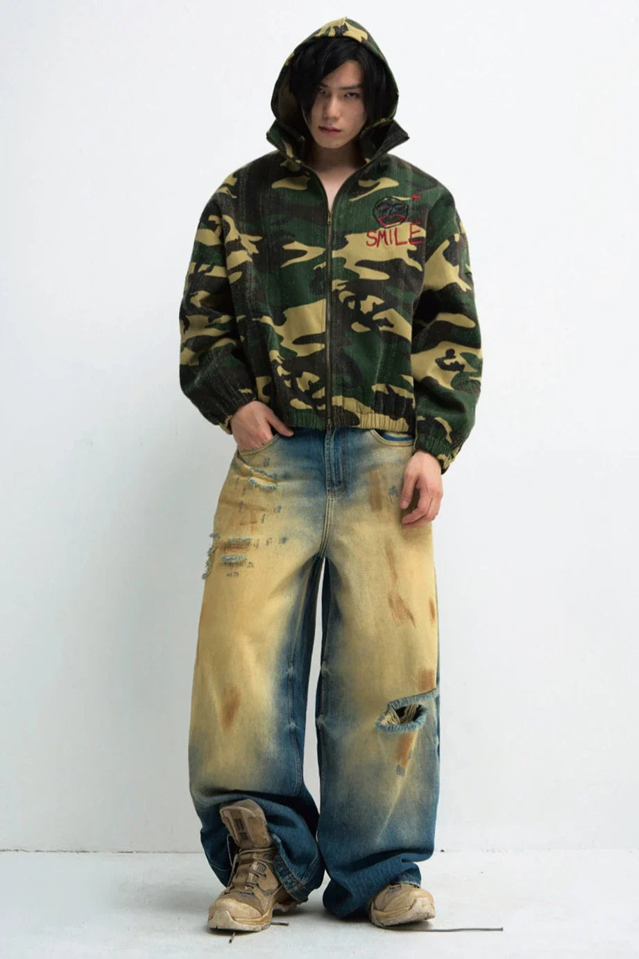 Men's Punk Camouflage Tree Scratch Hooded Jacket