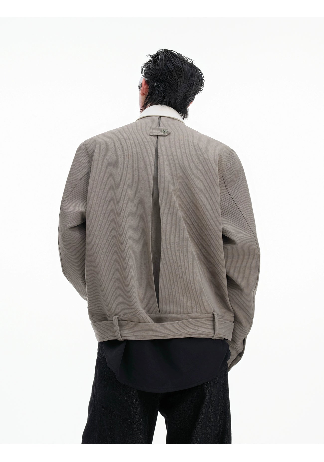 Asymmetrical Buttoned Jacket with Wide Collar and Belt