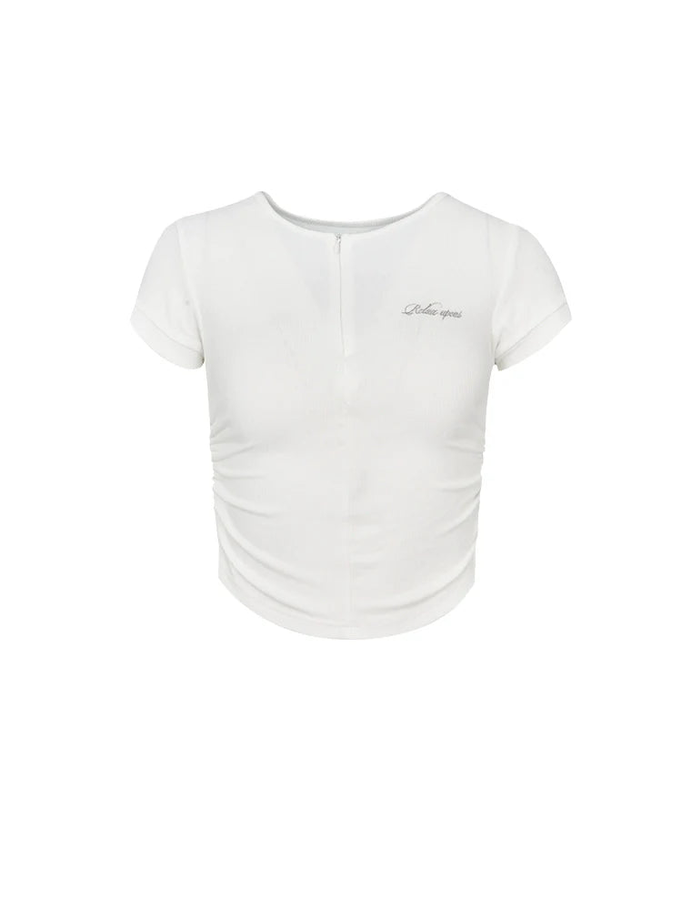 White Cropped T-shirt with Center Ruching