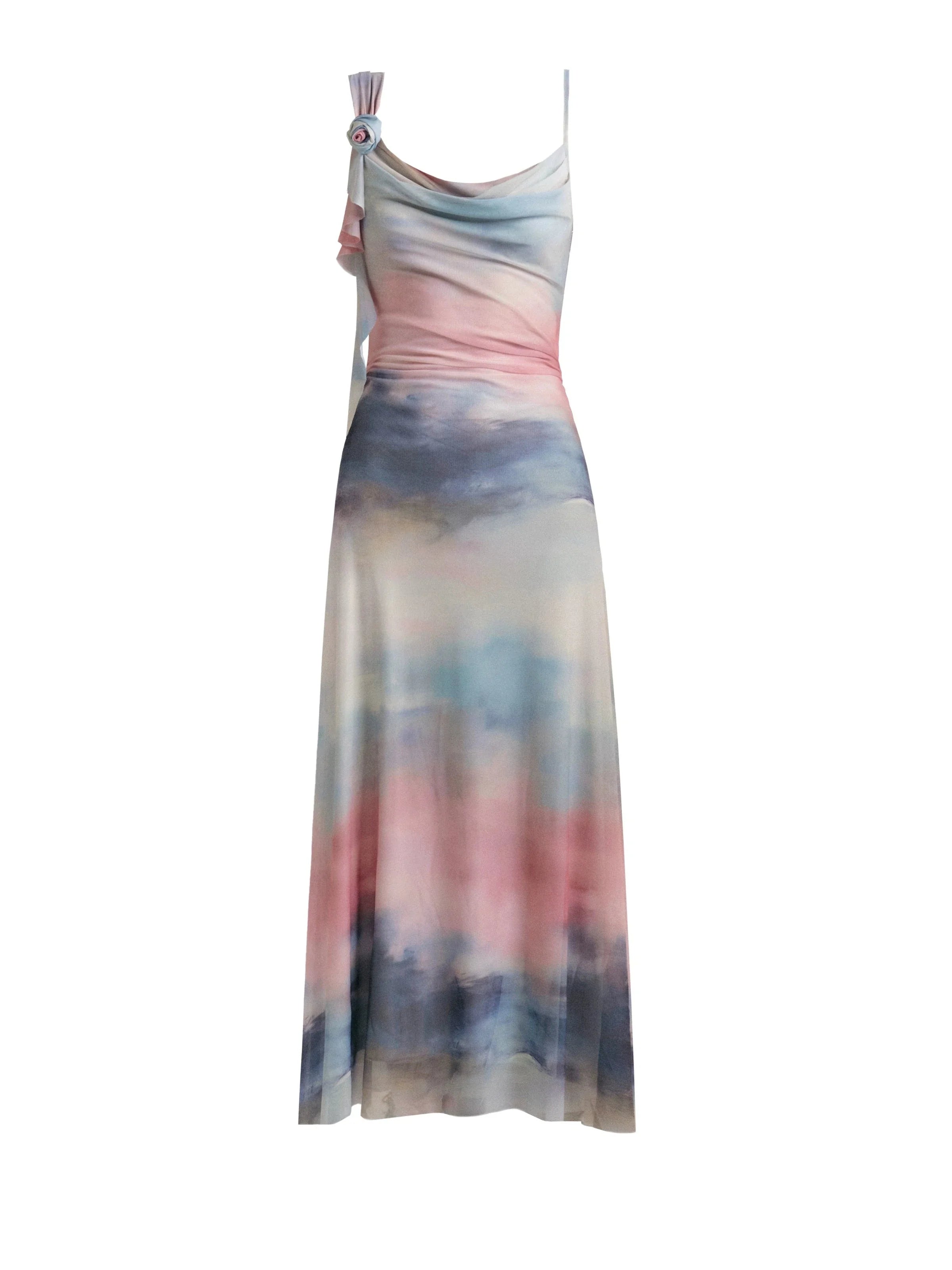 Ethereal Watercolor Maxi Dress: Asymmetric Cowl Neck Ombre Gown in Pastel Hues