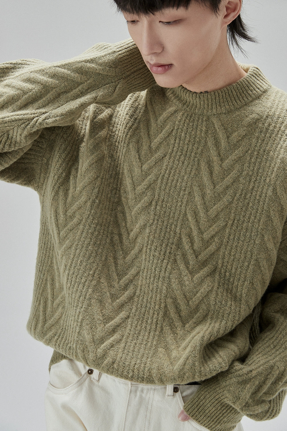 Cream Cable Knit Sweater with Chevron Pattern