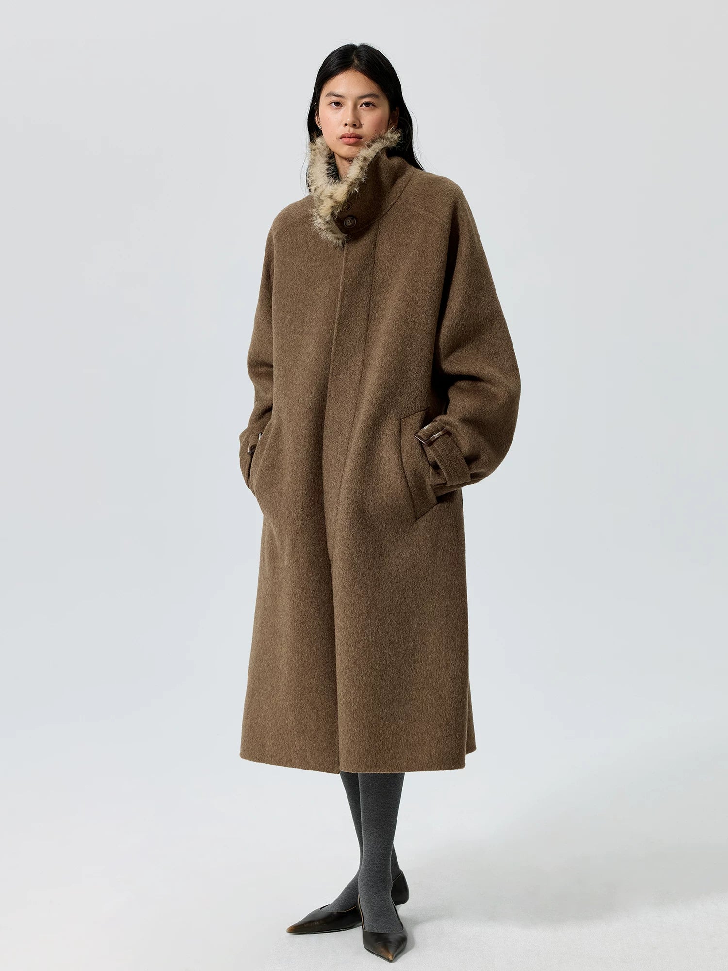 Belted Fur-Trim Collar Coat