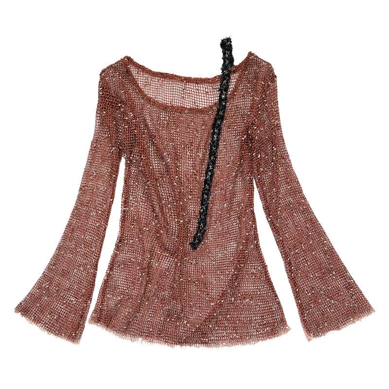 No Romance Boho Mesh Knit Tunic - Women'S Bell Sleeve Sheer Coverup With Decorative Tie