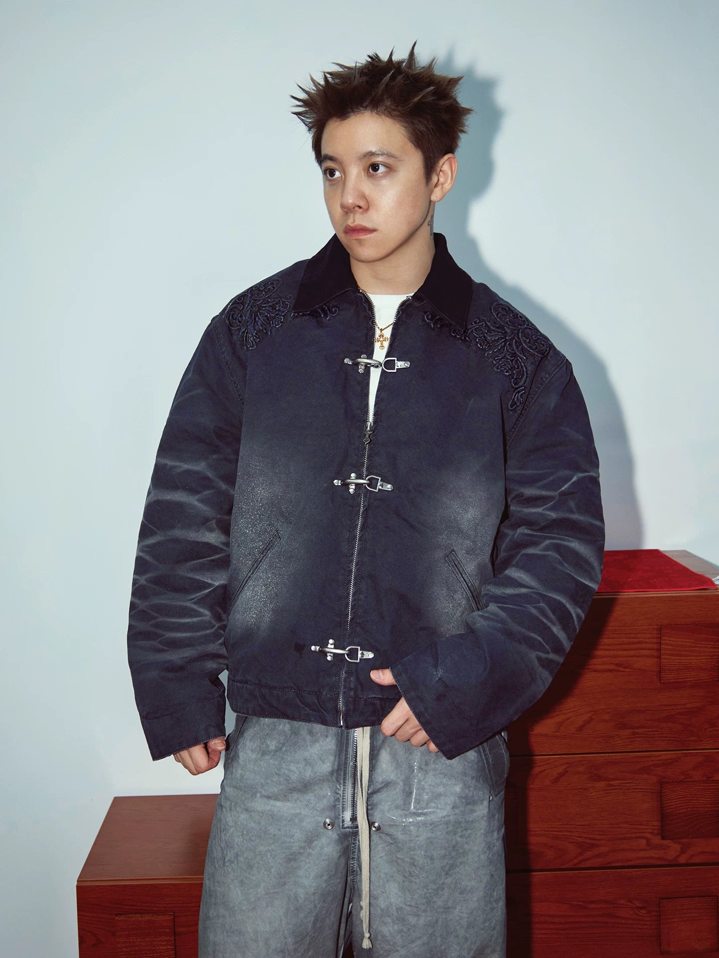 Embroidered Toggle Front Utility Jacket