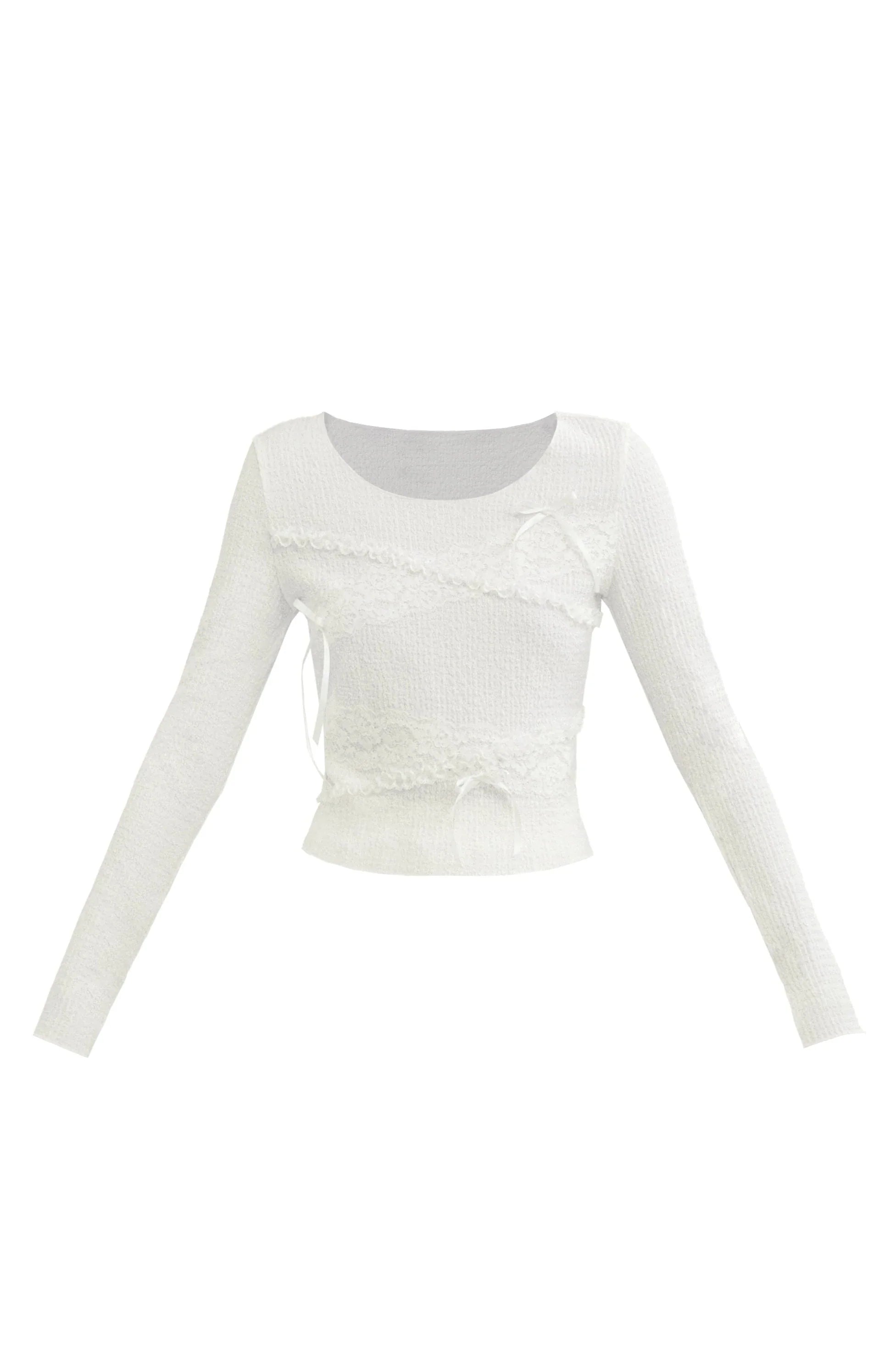 Ethereal Elegance: Ivory Long-Sleeve Crop Top with Asymmetrical Lace Overlay