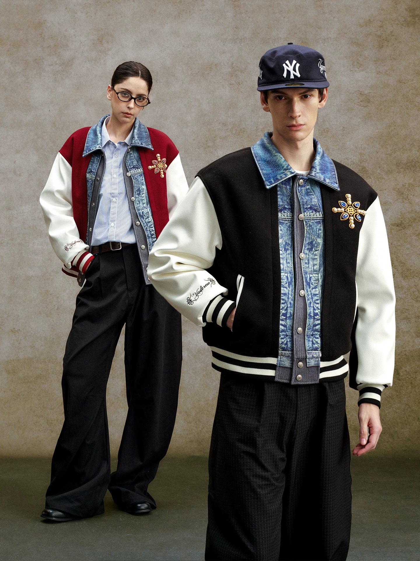 Denim Panel Embroidered Varsity Bomber Jacket