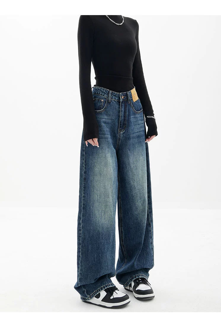 Blue Retro Loose Straight-Leg High-Waist Floor-Length Jeans - chiclara