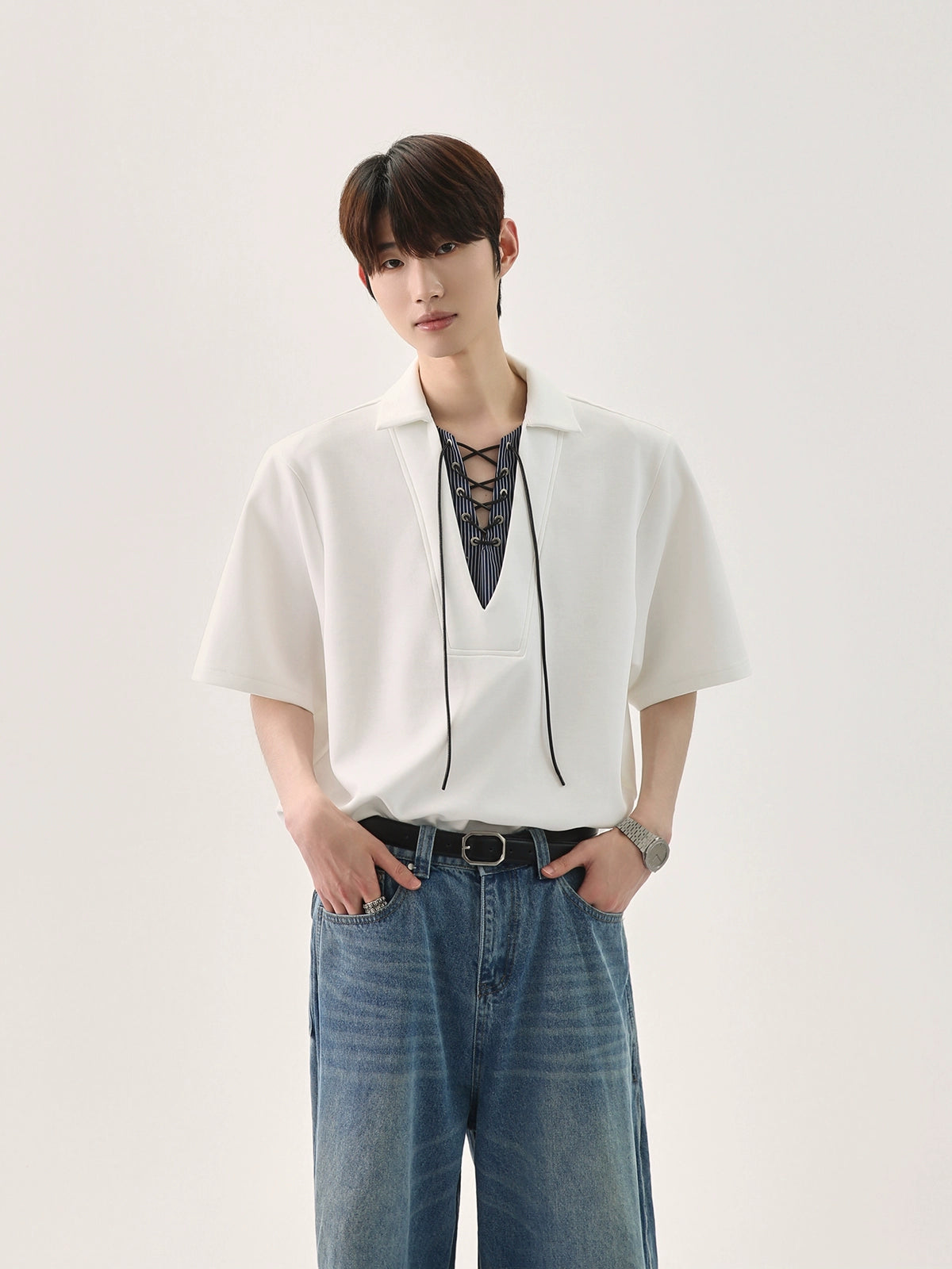 Charcoal Lace-Up Collar Polo Shirt