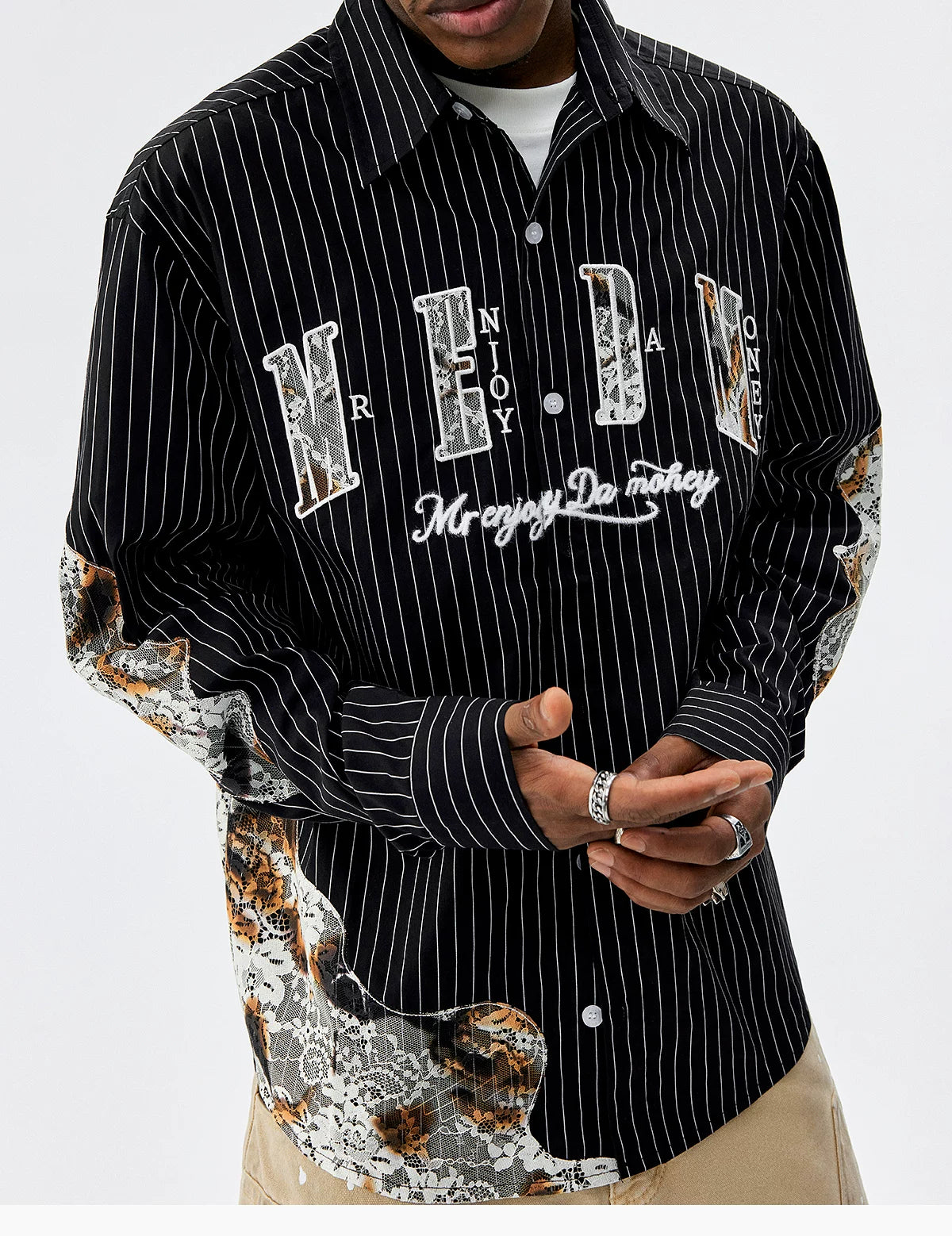 Lace Patchwork Pinstripe Shirt
