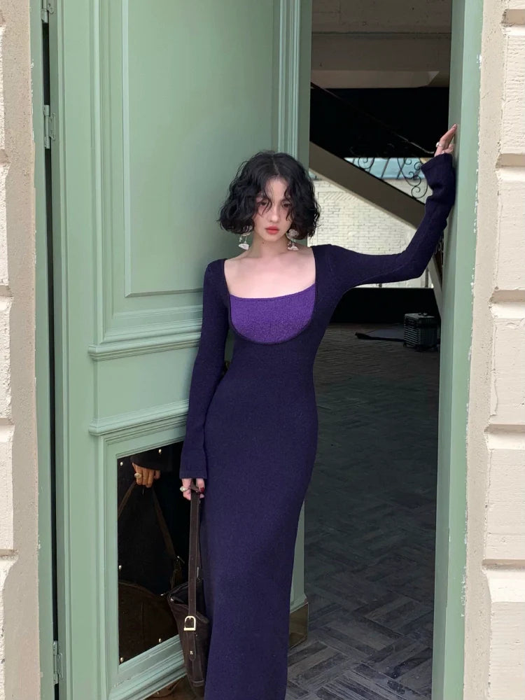 Violet Contrast Square Neck Maxi Dress