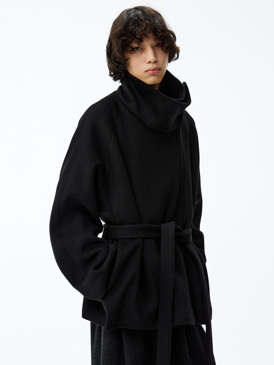 Black Funnel-Neck Belted Wool Coat