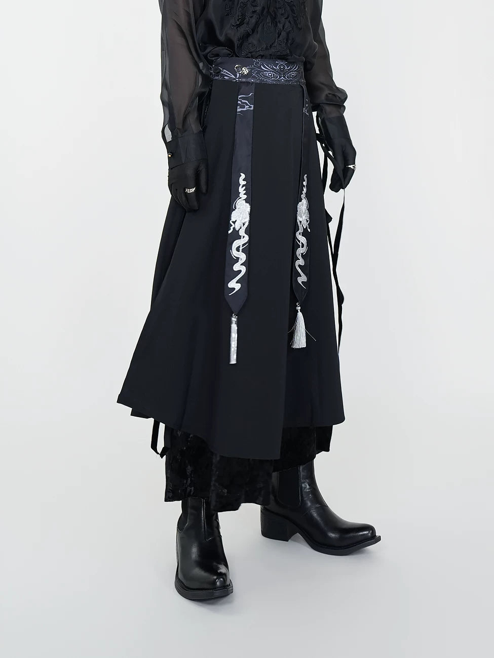 Serpent Sigil Layered Dragon-Tassel Hakama Skirt