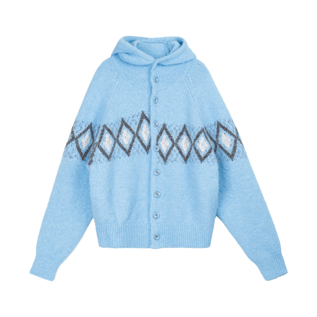 Diamond Pattern Hooded Wool Cardigan