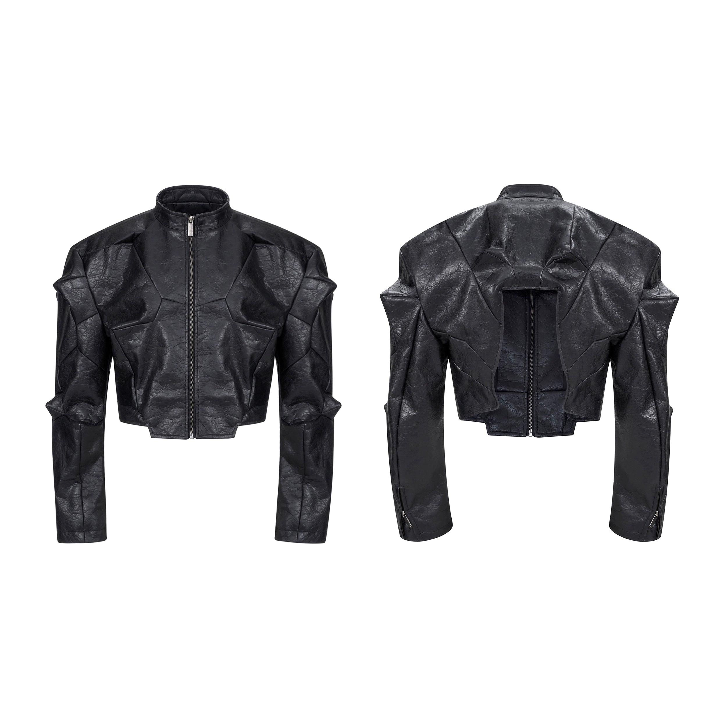 Black Geometric-Patterned Faux Leather Zip-Up Jacket and Pants Set