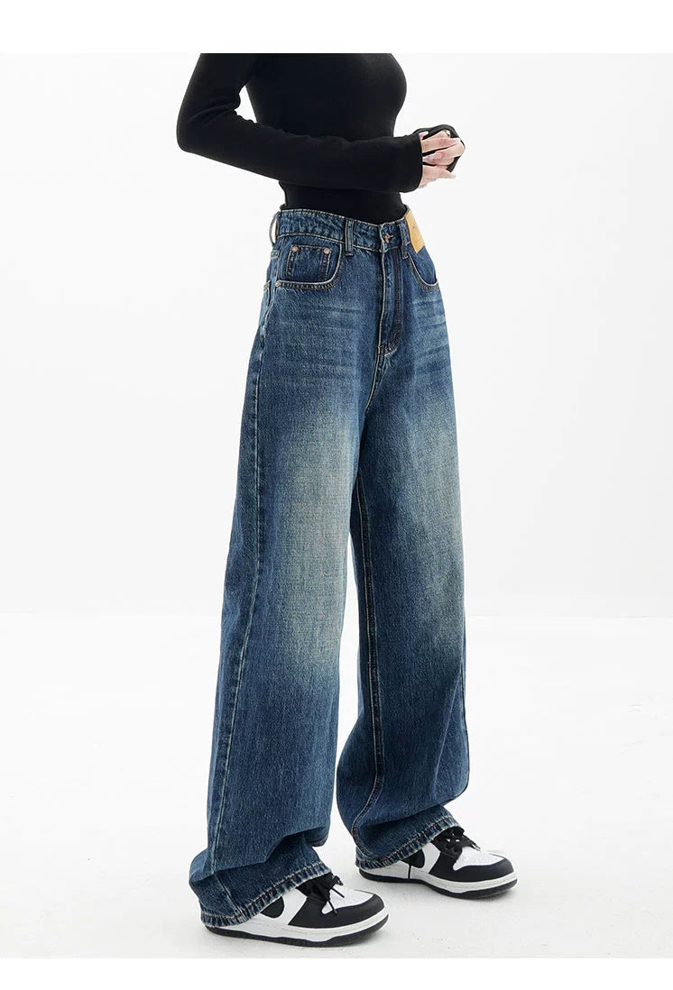 Blue Retro Loose Straight-Leg High-Waist Floor-Length Jeans - chiclara