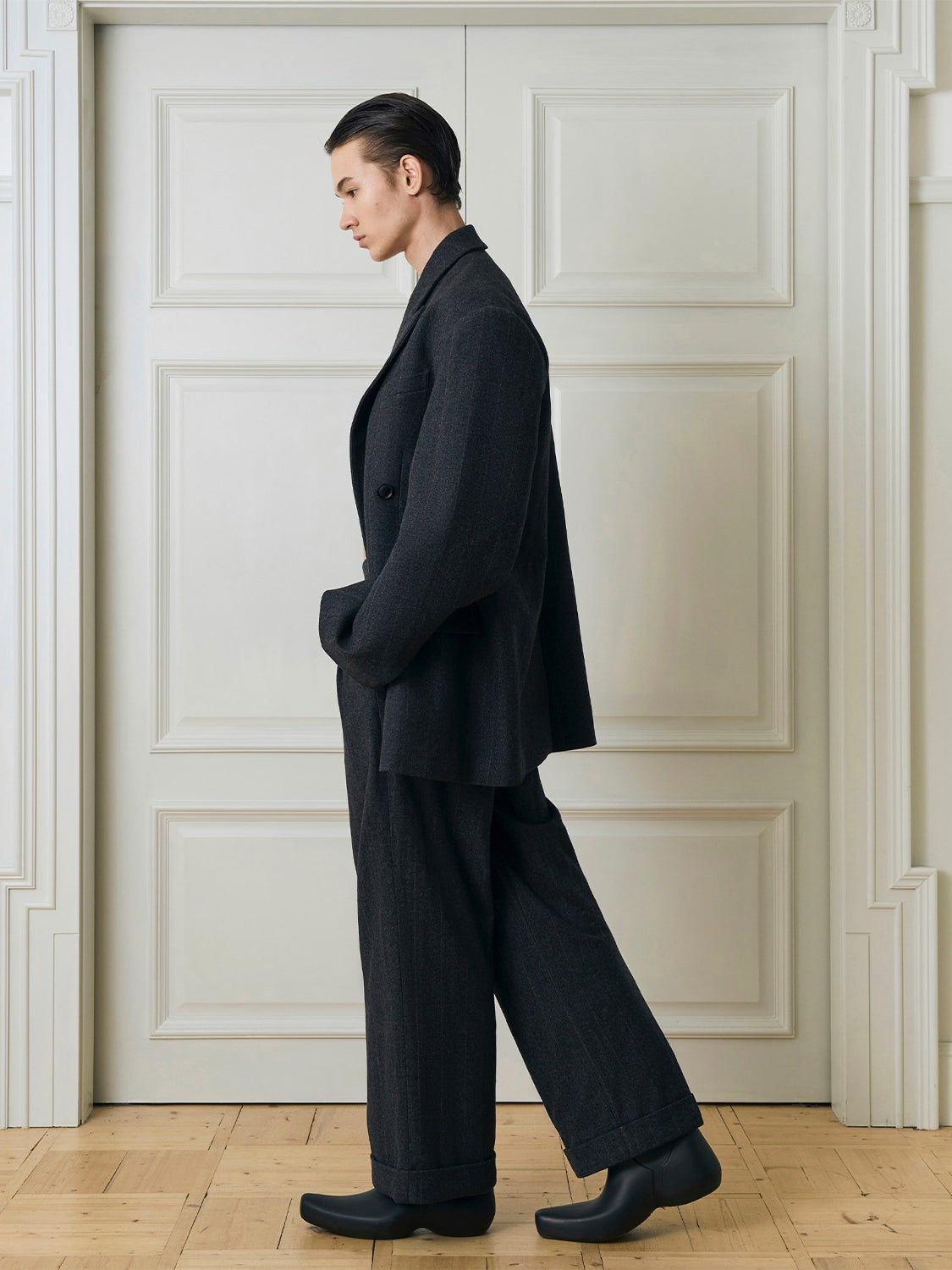 Oversized Charcoal Double-Breasted Suit and Wide-Leg Trousers Setup
