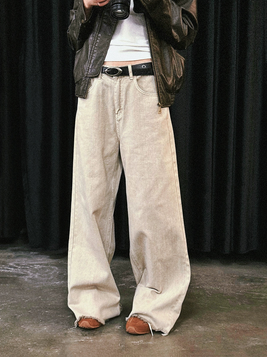 Sandstone Fringe Hem Wide‑Leg Jeans