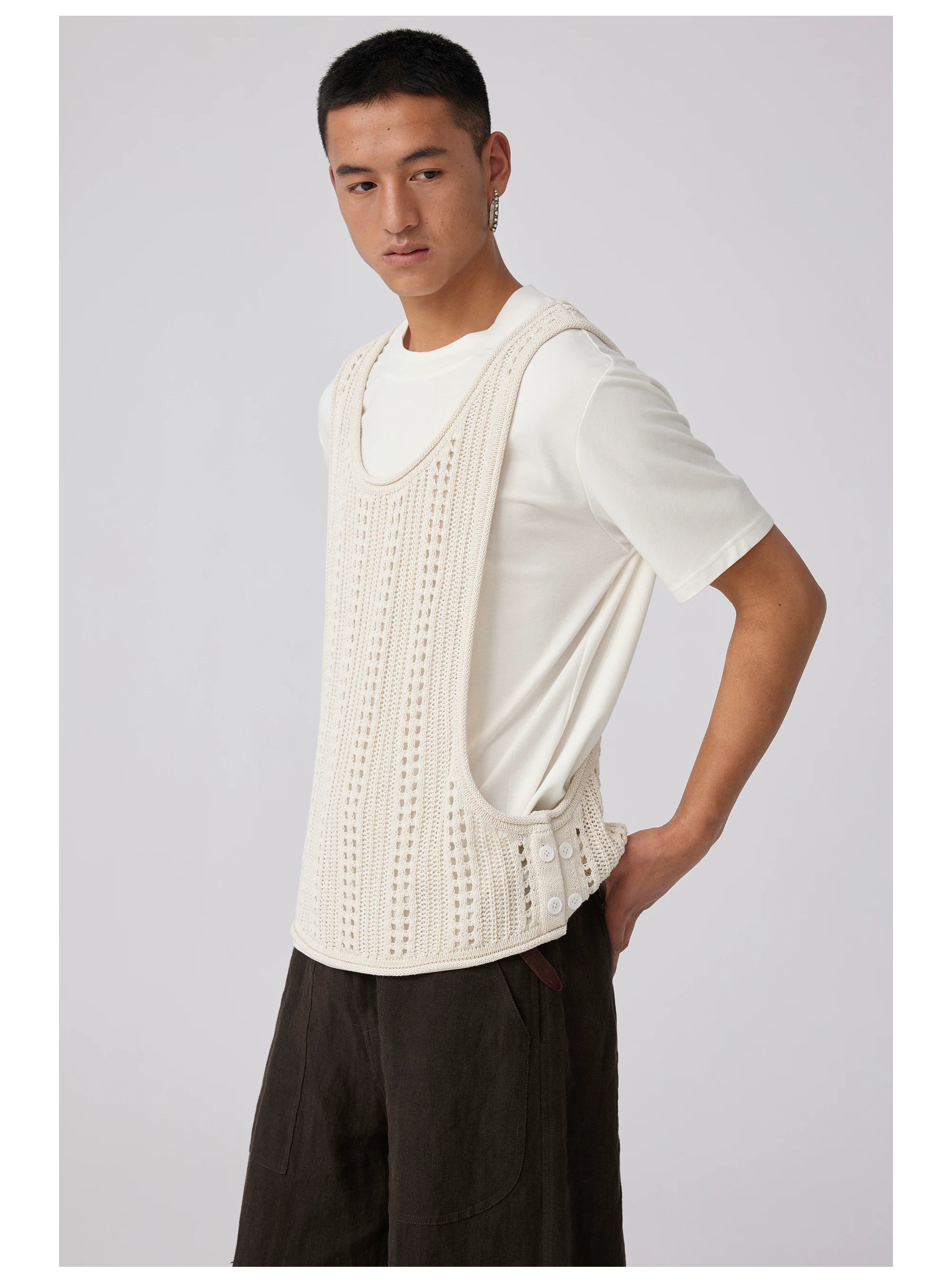 Open-Knit Button-Detail Vest
