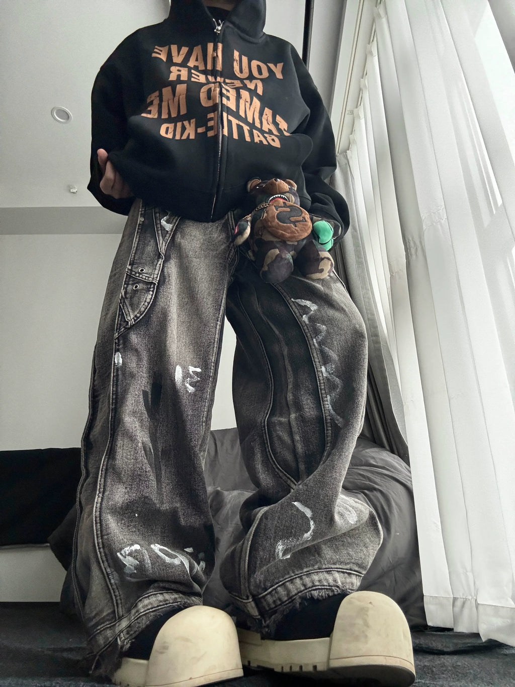 archive fade straight denim pants y2k Faded Graffiti Drag-Hem Wide 