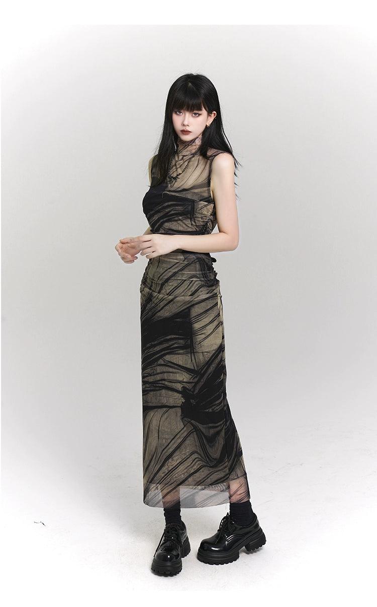 Ladyghost Smoke And Shadows Bodycon Maxi Dress - Women'S Sheer Mesh Layered Abstract Print Dress