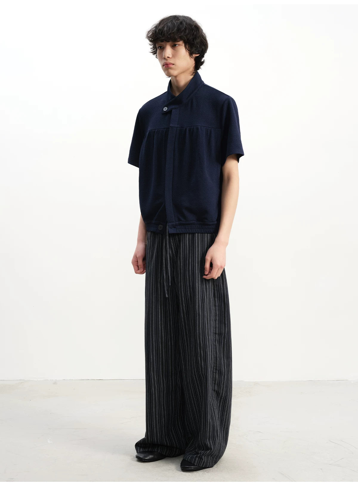 Textured Short-Sleeve Stand-Collar Shirt
