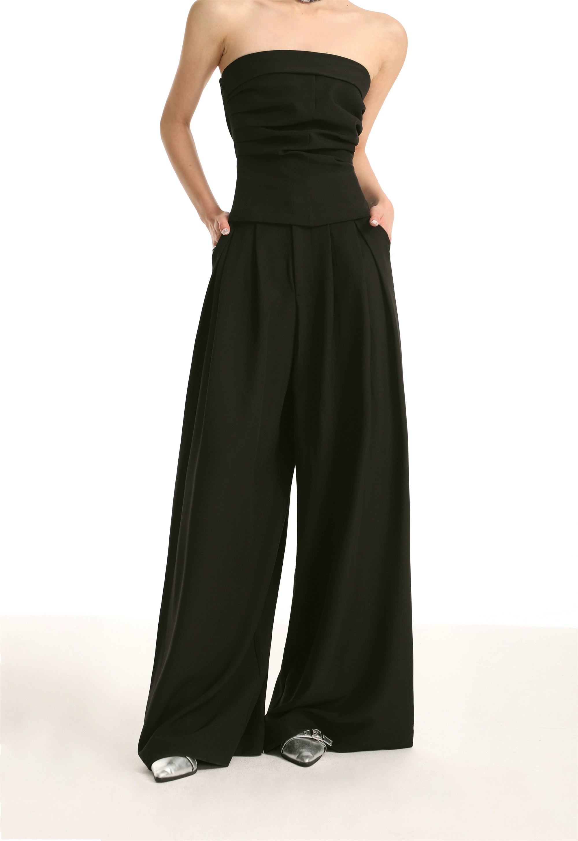 Black High-waisted Straight Cut Casual Wide-leg Pants Set