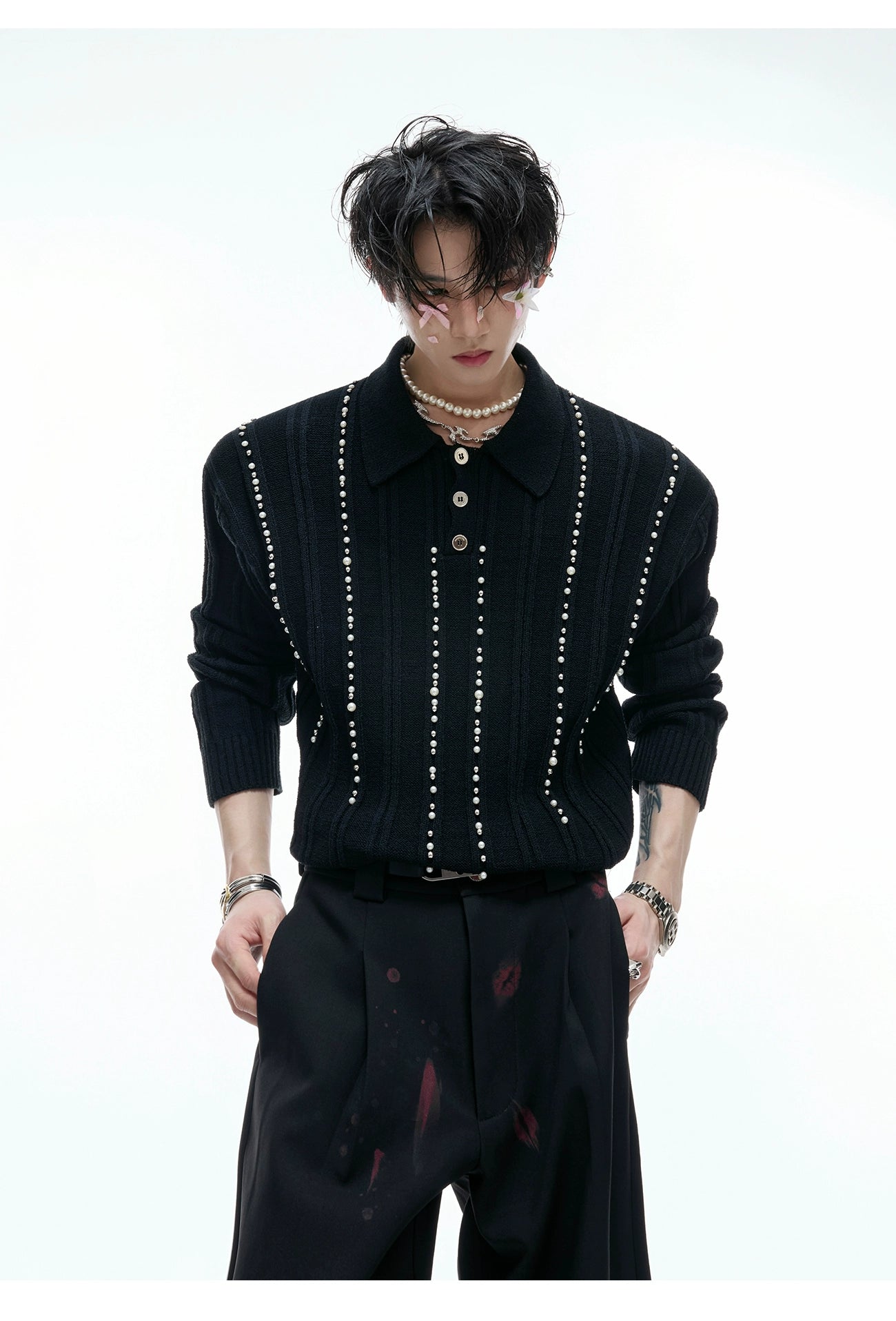 Beaded Knit Polo Sweater