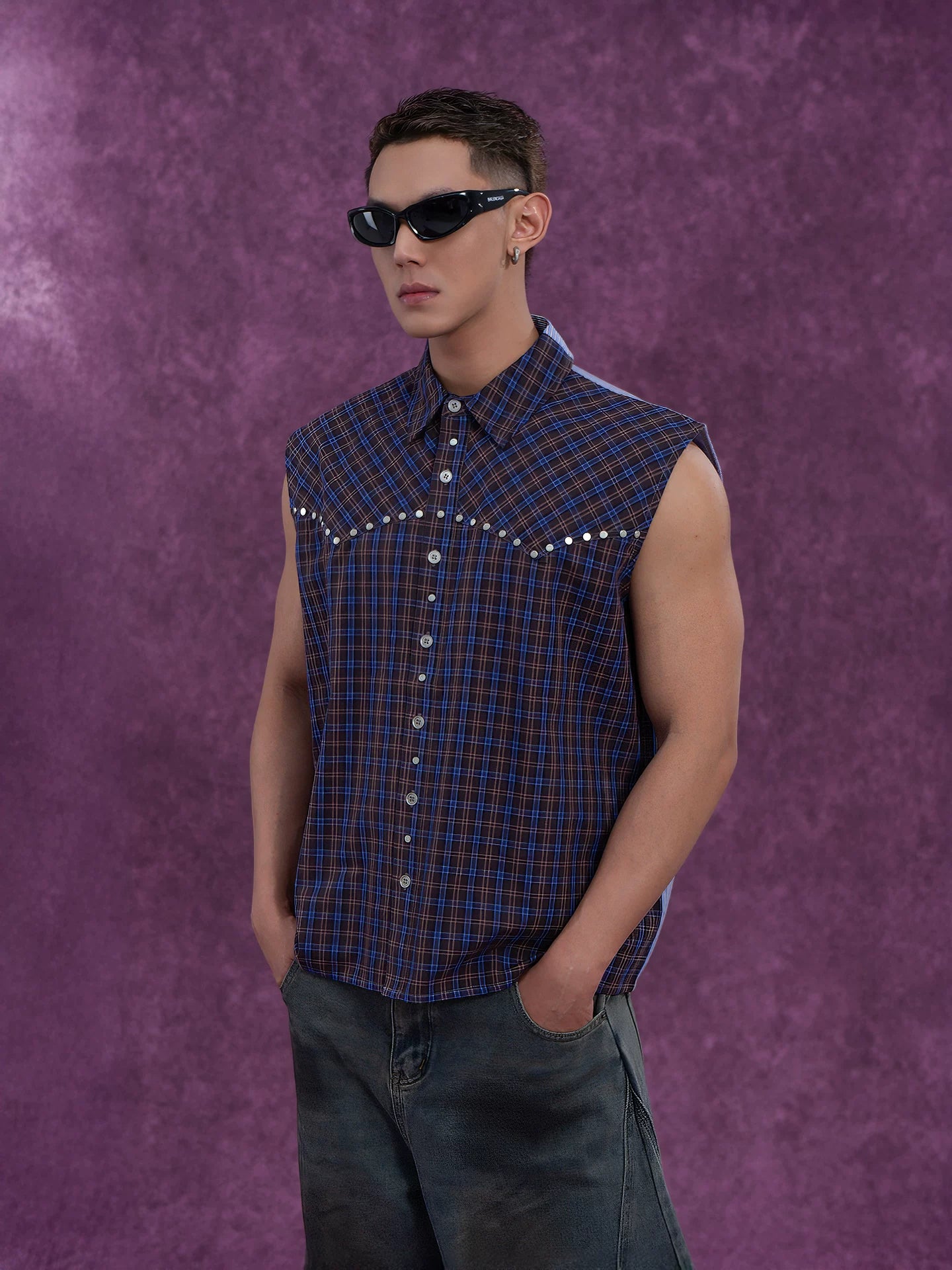 Midnight Rodeo Studded Plaid Sleeveless Shirt