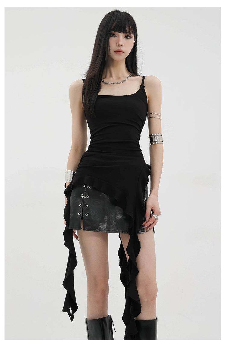 Black Asymmetric Ribbon Strap Tank Top With Ruffle Edge Design - chiclara