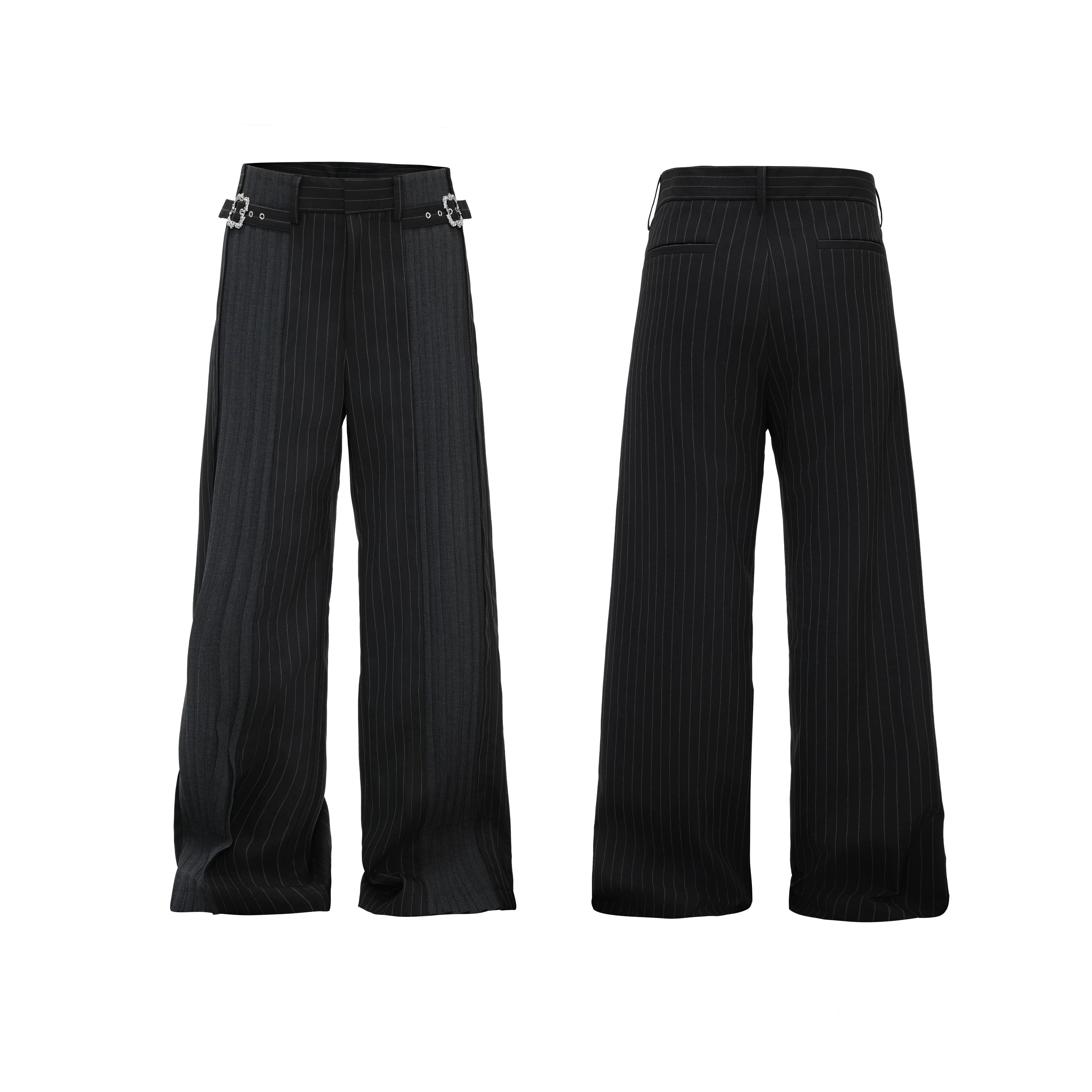 Pinstripe Buckle Waist Wide Leg Pants