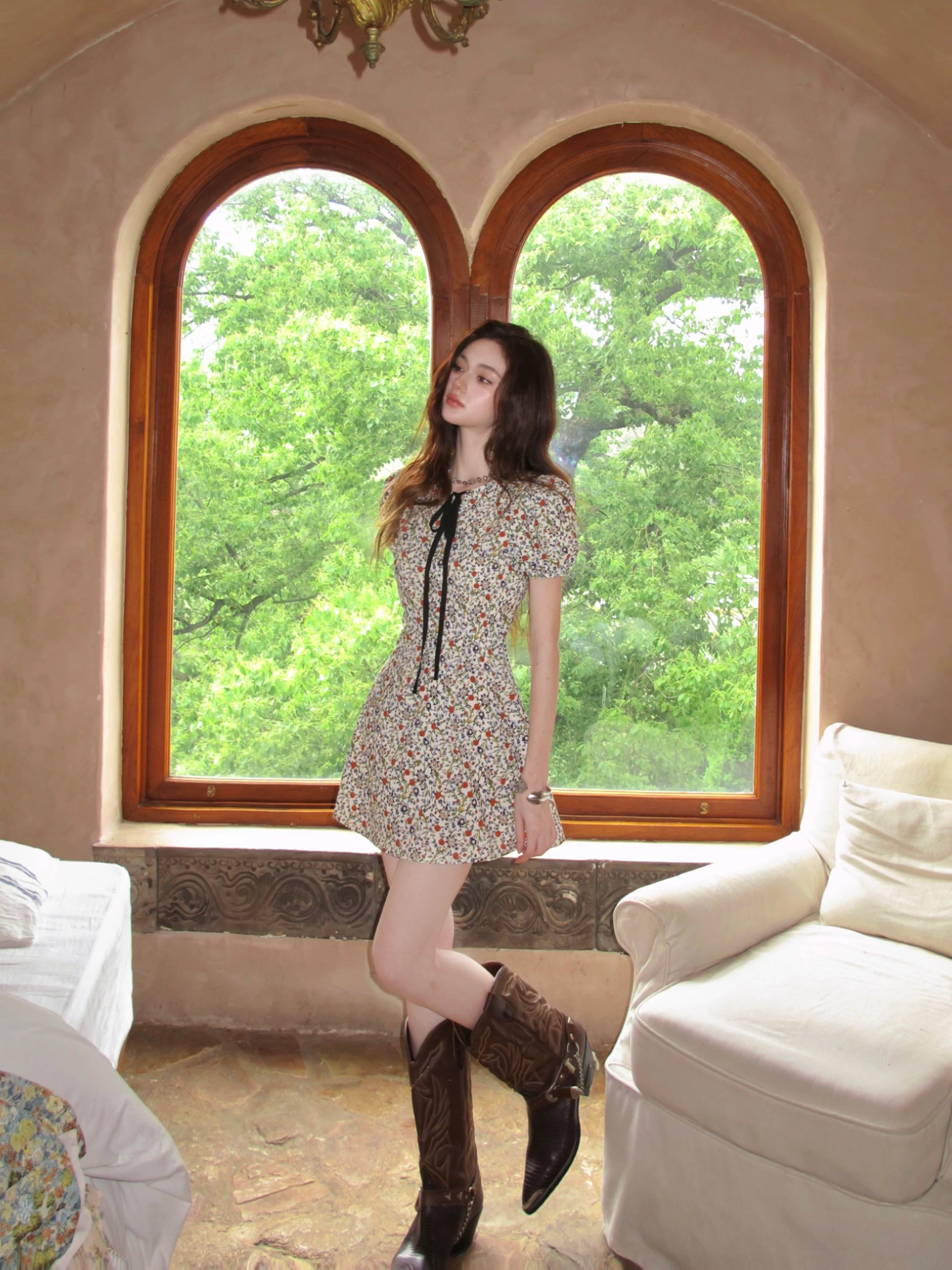 Garden Muse Bow‑Tie Floral Mini Dress