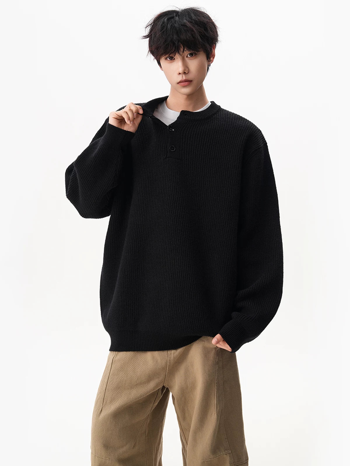 Waffle Henley Knit Sweater