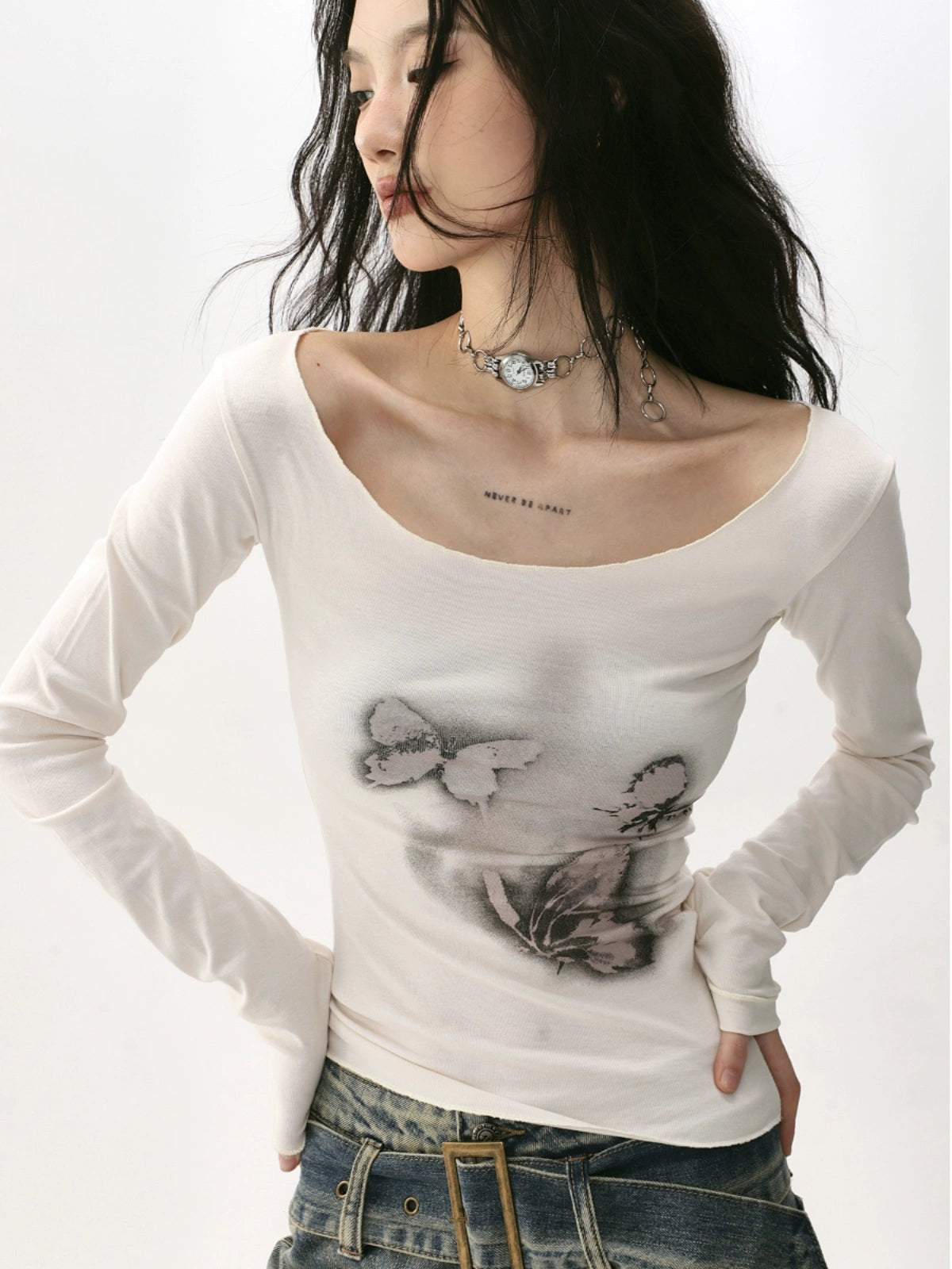 Retro Butterfly Tie-Dye Print Long Sleeve T-Shirt