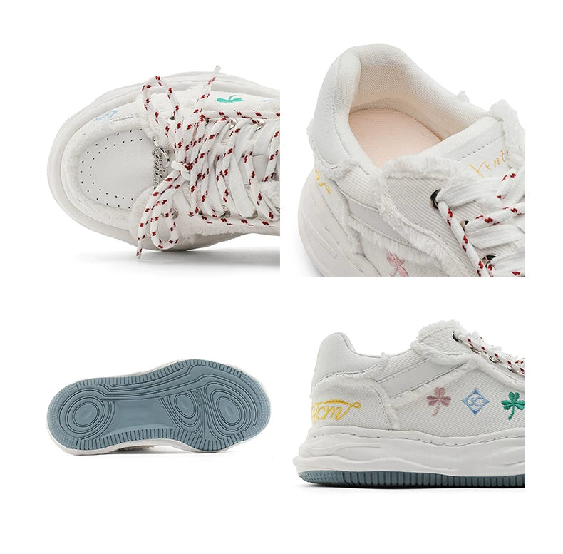 Distressed Embroidered Platform Sneakers