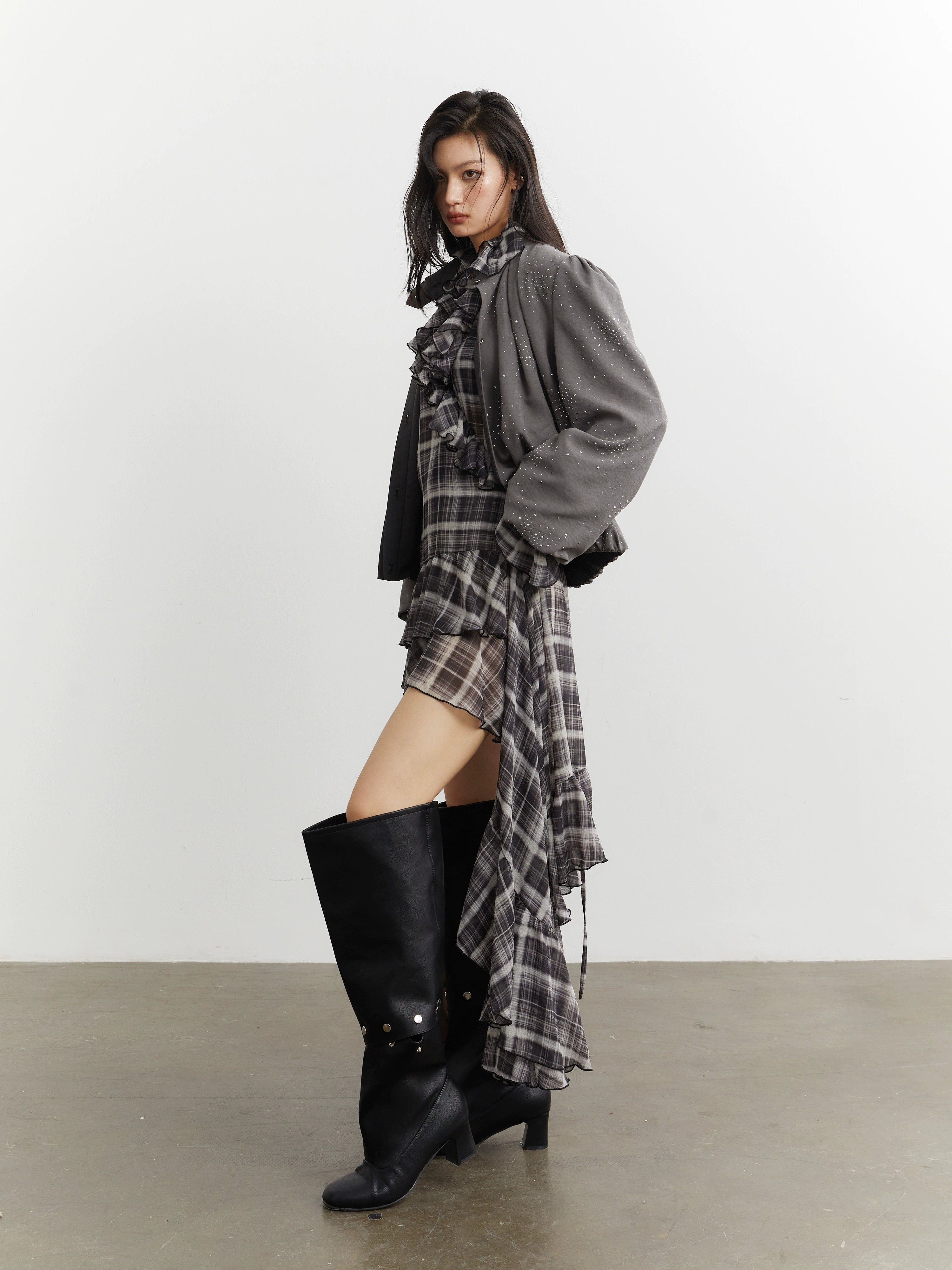 Shadow Cascade Ruffle Plaid Dress
