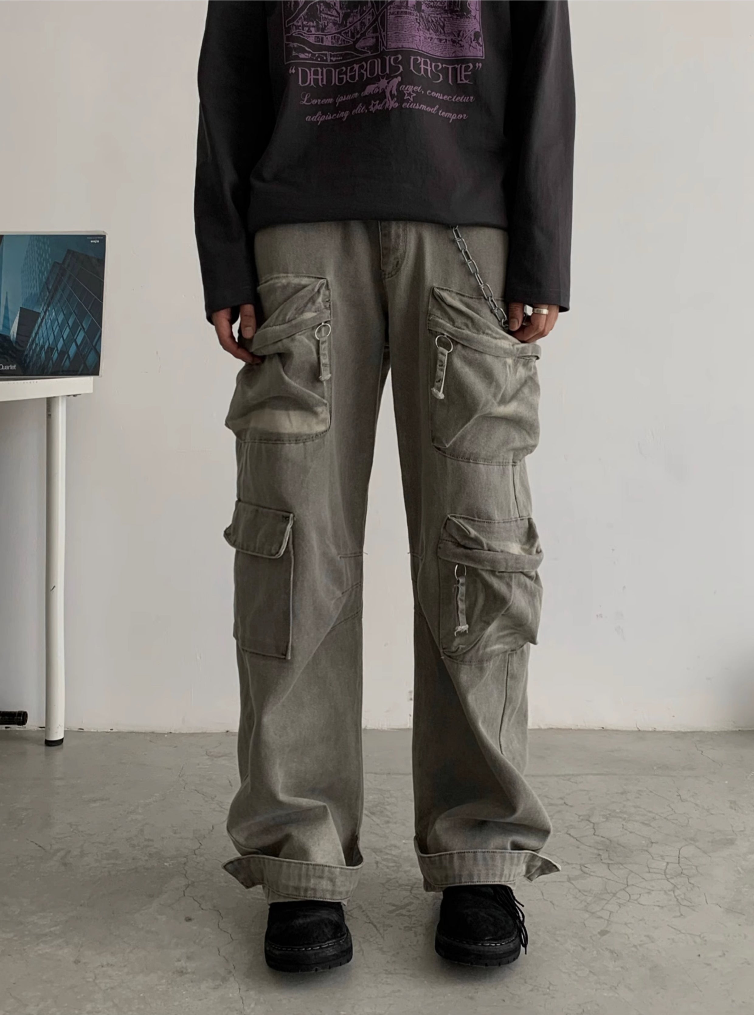 Washed Relaxed Fit Cargo Pants - chiclara