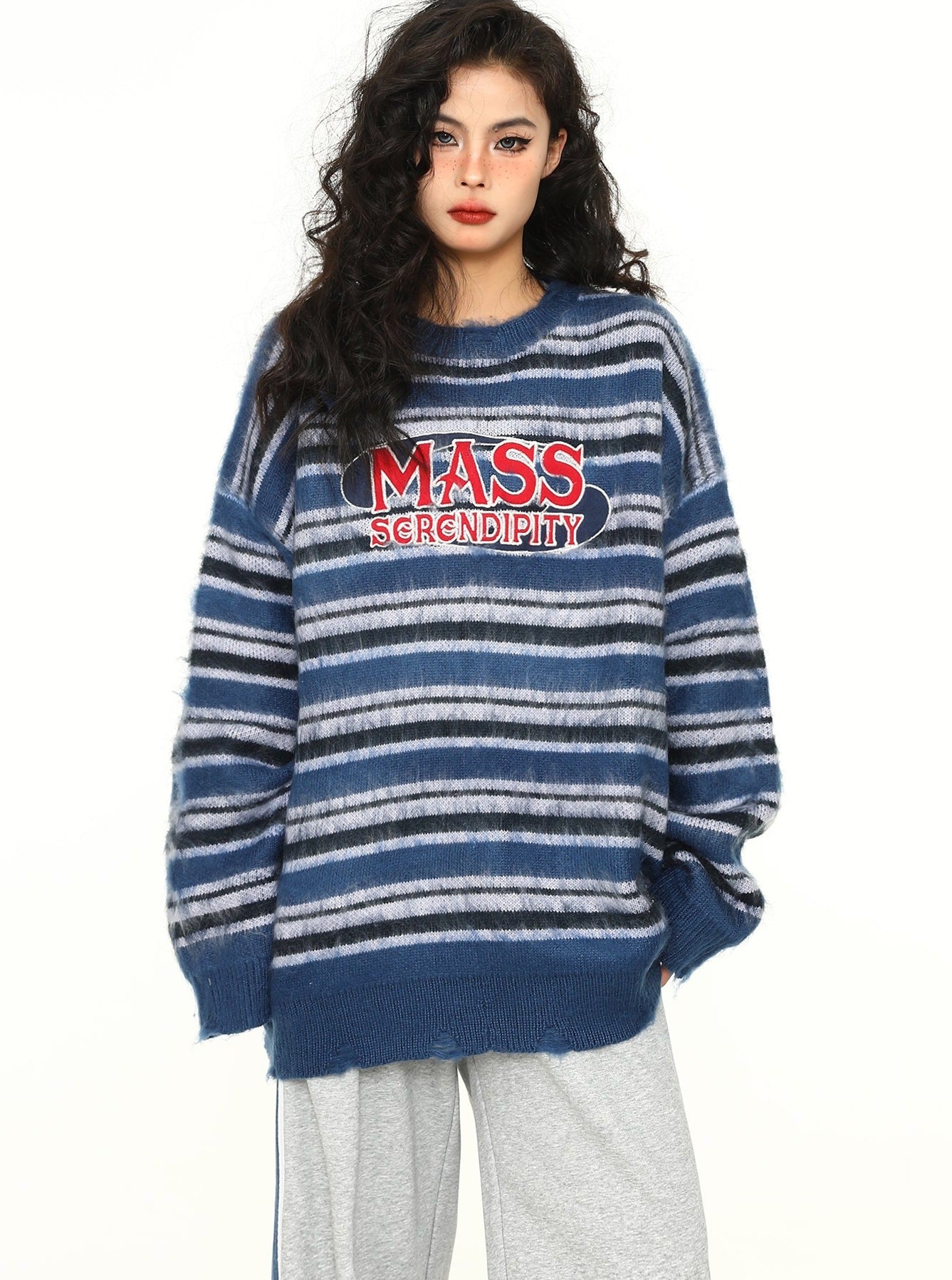 MASS SERENDIPITY Oversized Striped Knit Sweater