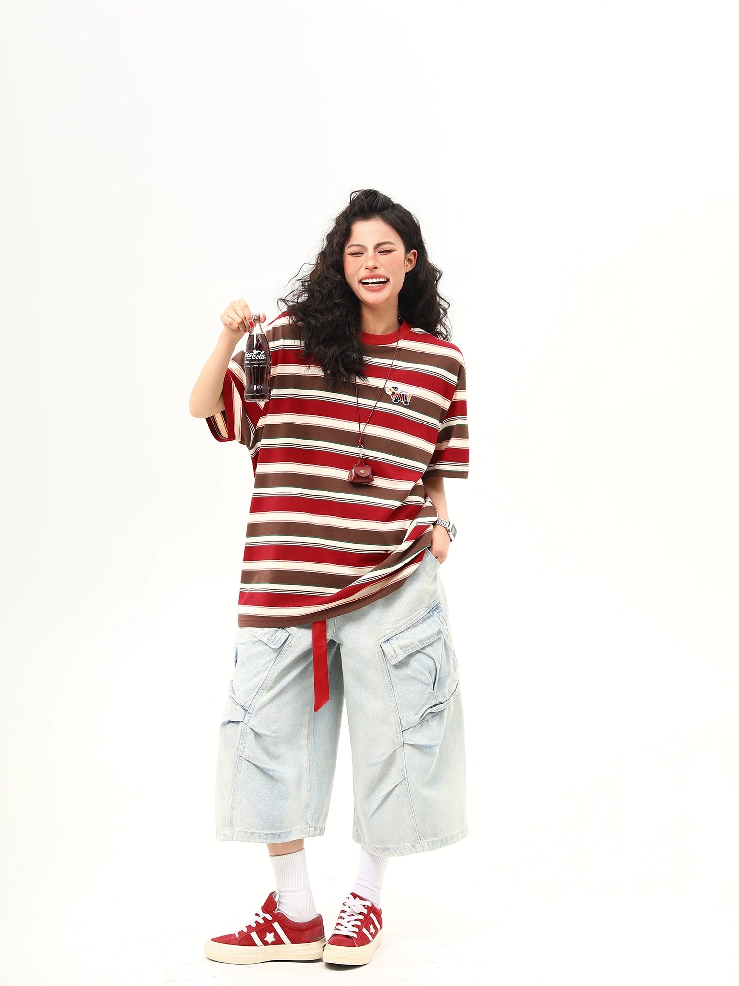 Brown and Red Striped Oversized Tee