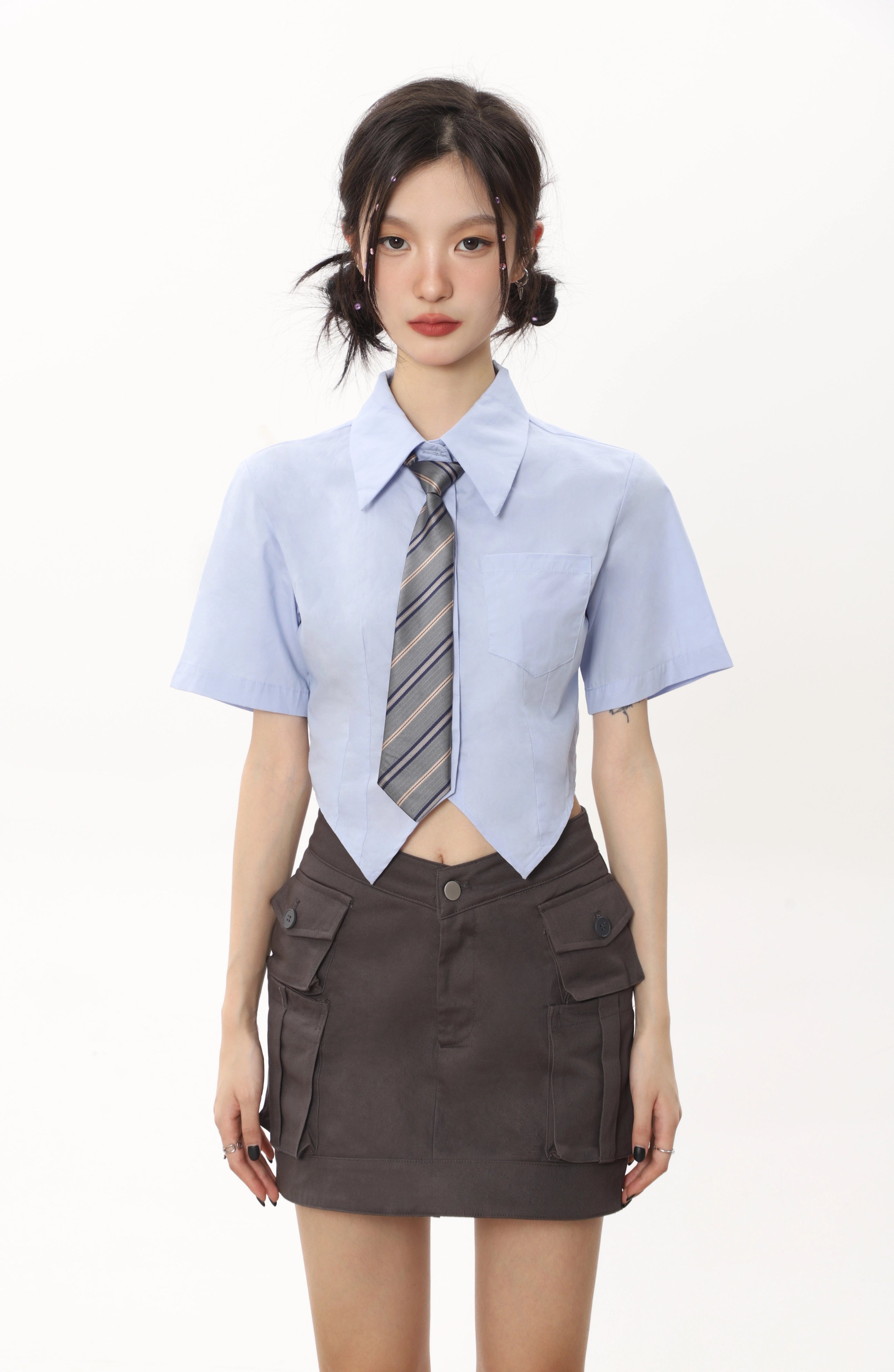 White Short-Sleeve Shirt with Tie JK Style