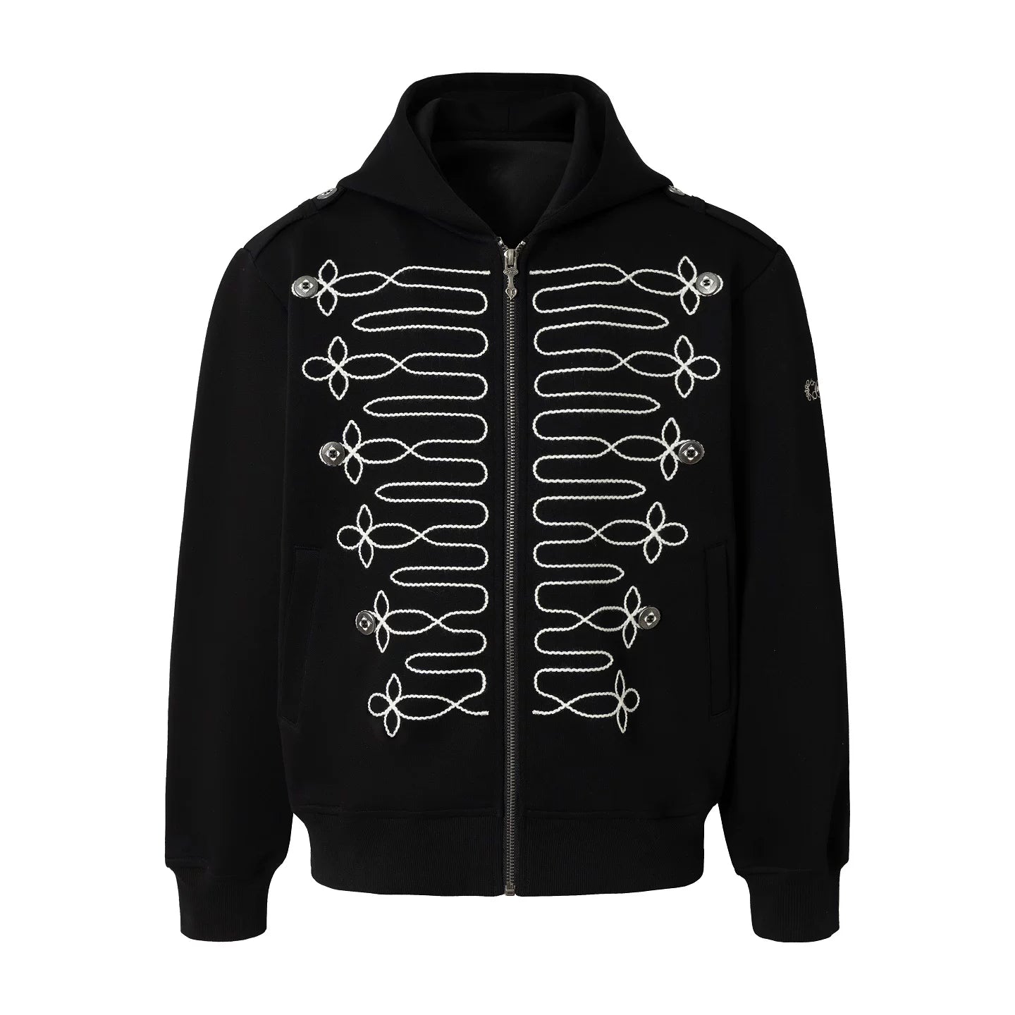 Black Military Embroidered Zip-Up Hoodie
