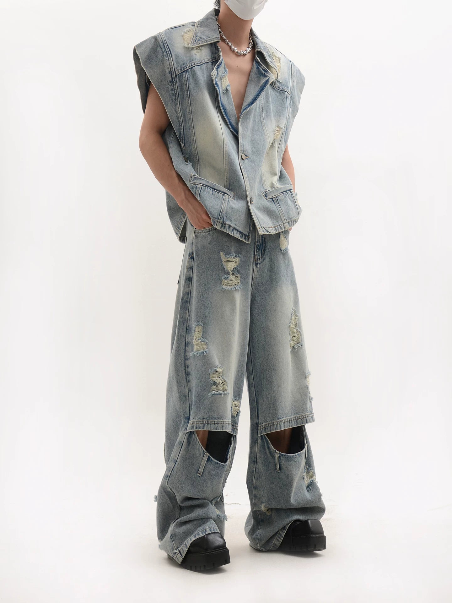 Distressed Oversized Shoulder Denim Vest