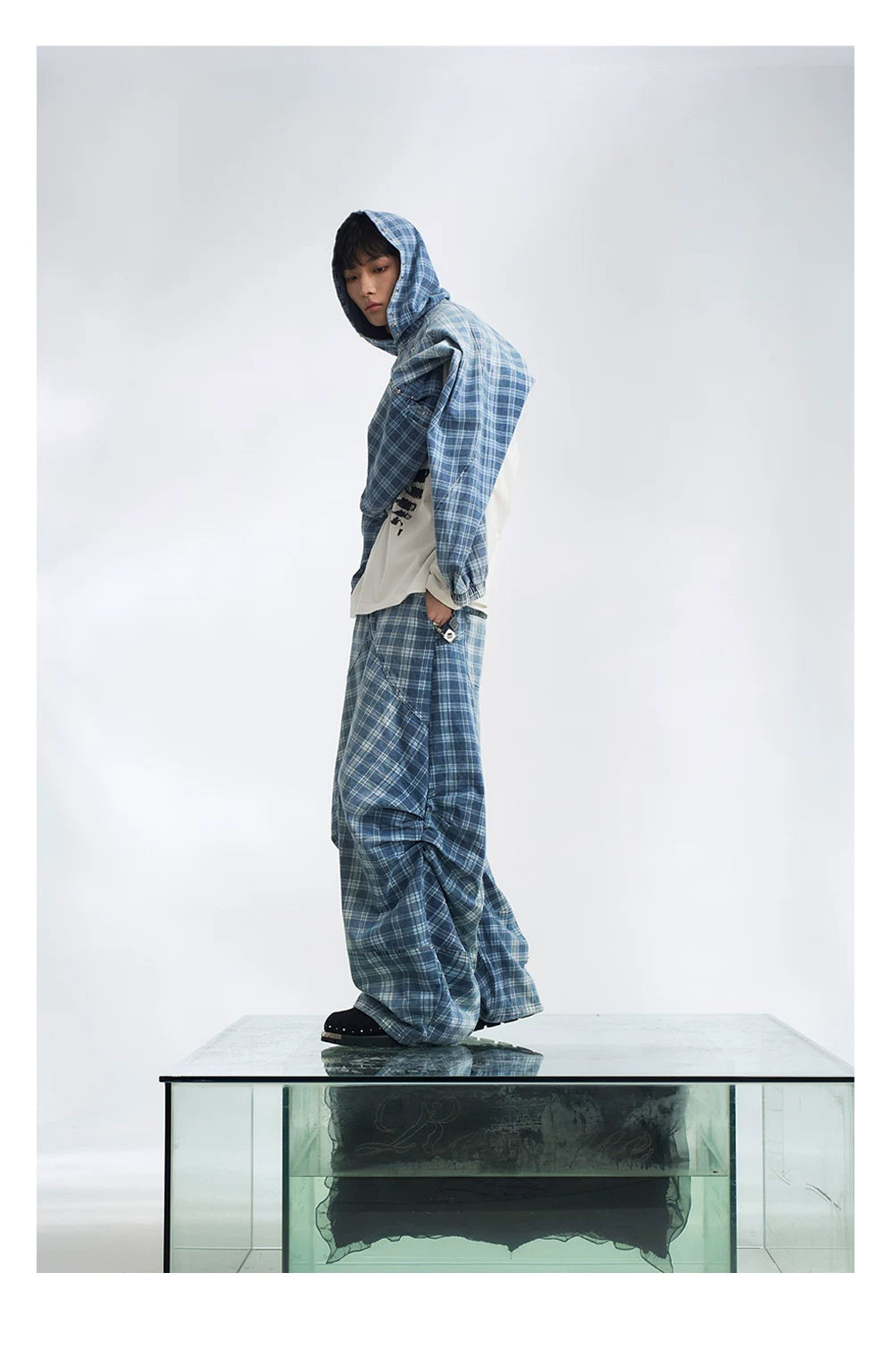 Blue Plaid Balloon Leg Parachute Jeans