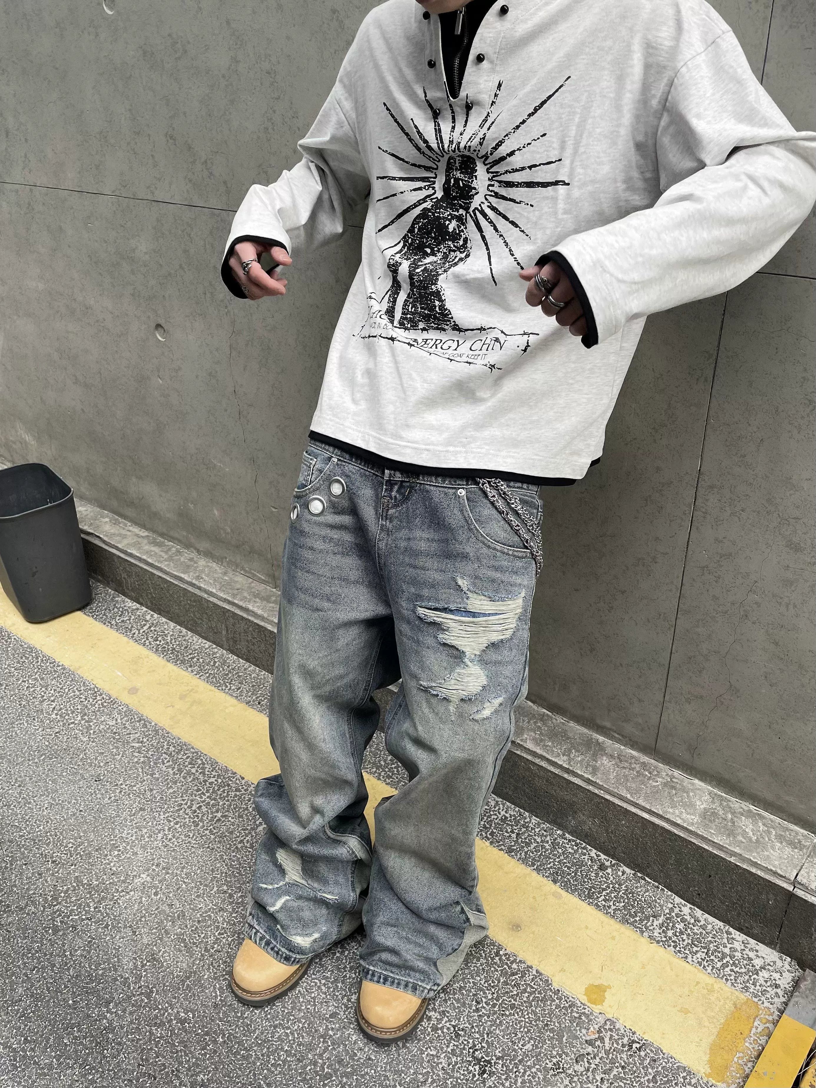 Paneled Distressed Rivet Wide Leg Jeans