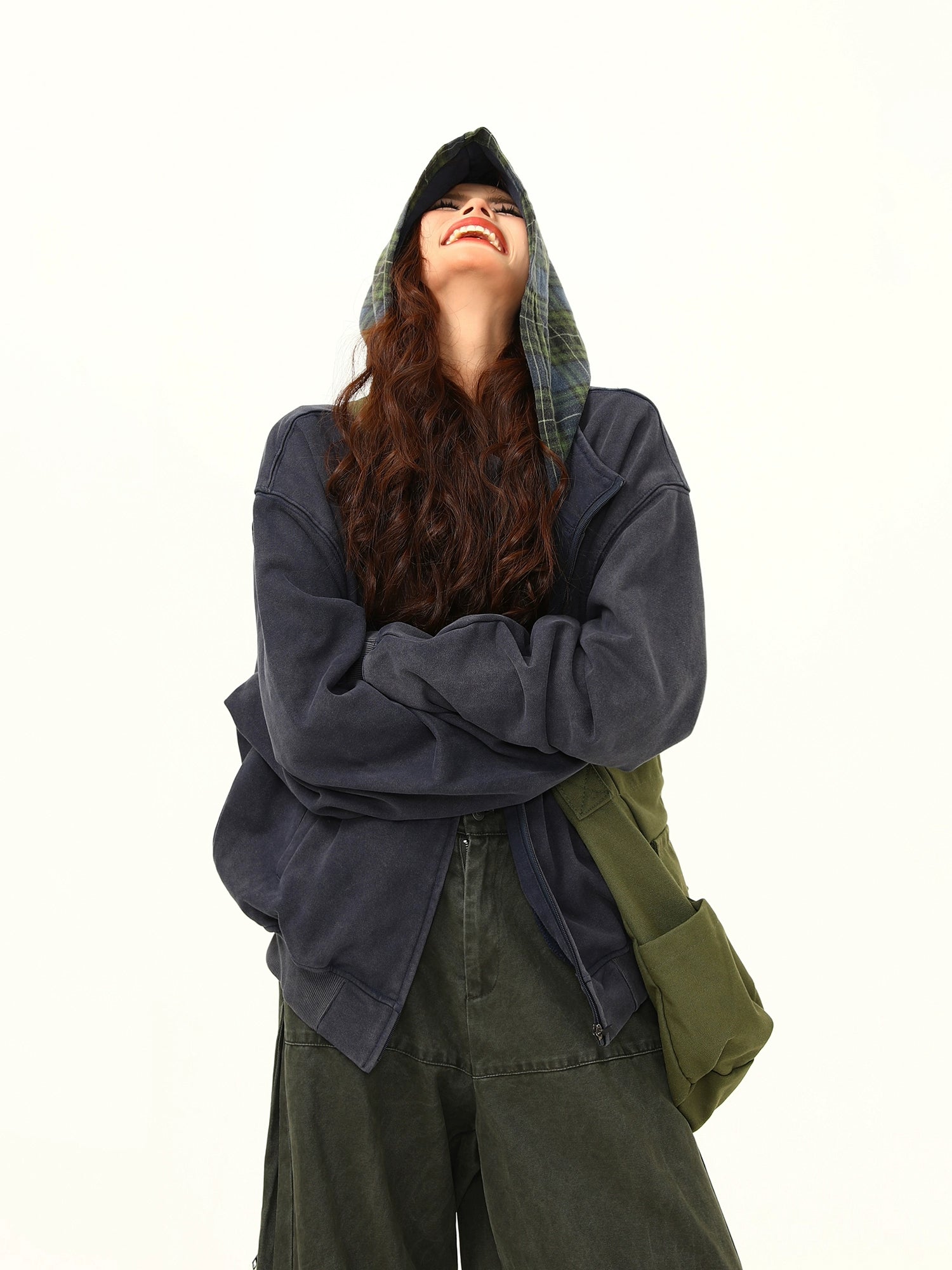 Plaid Hooded Oversized Zip Jacket